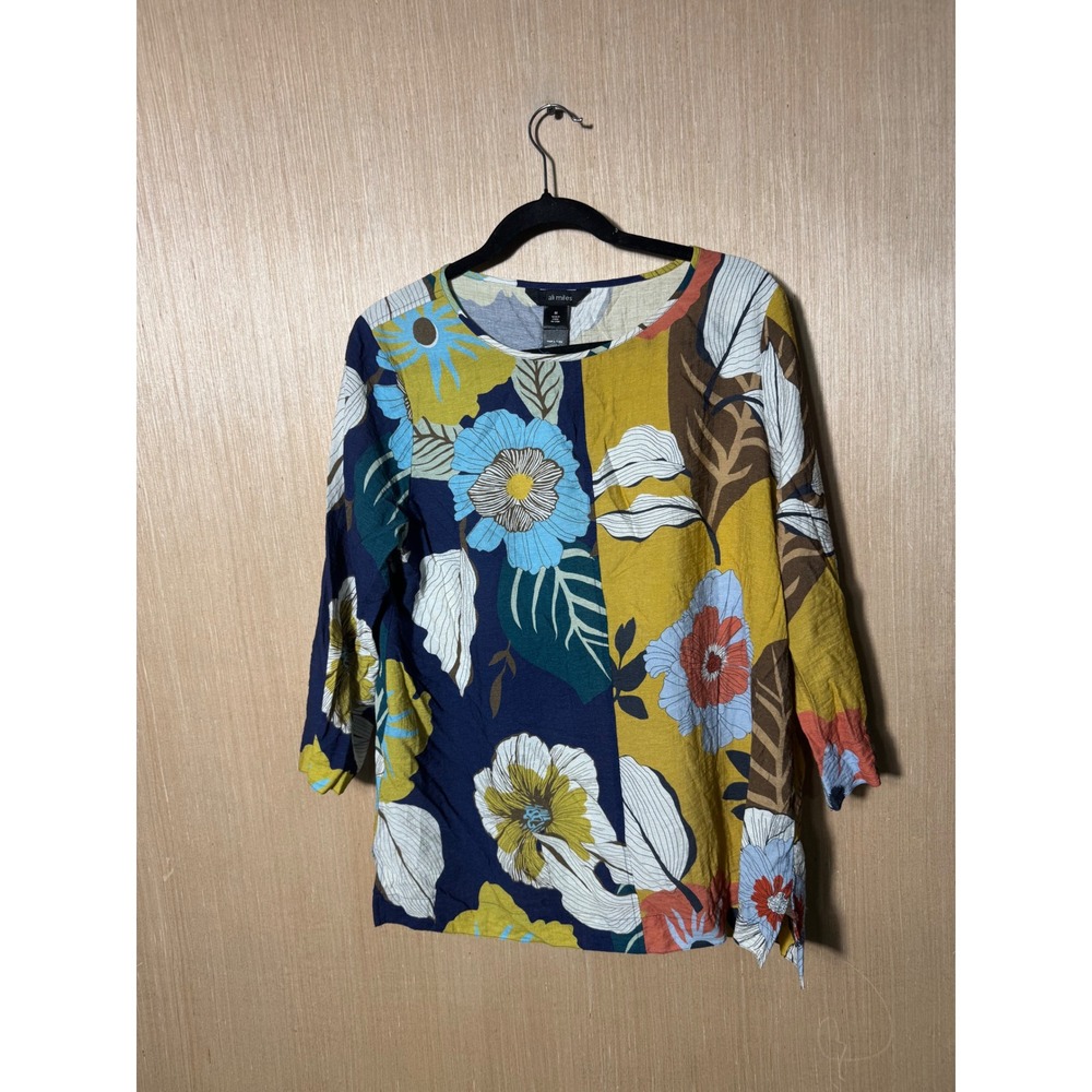 Ali Miles Womens Medium Floral Colorblock 3/4 Sleeve Tunic Top Navy Blue Mustard